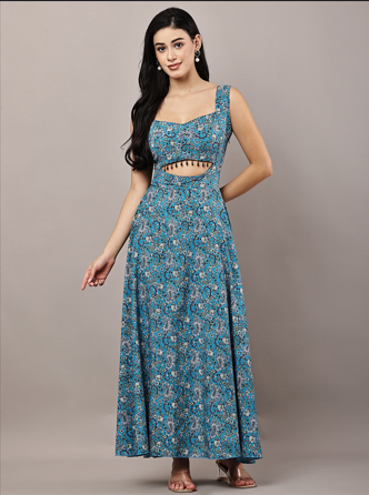 Women Teal Blue Paisley Printed Fit & Flare Maxi Dress with Cut-Out Detailing
